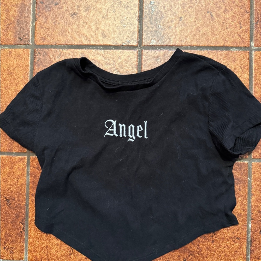 Black Crop Top with 'Angel' Embroidery